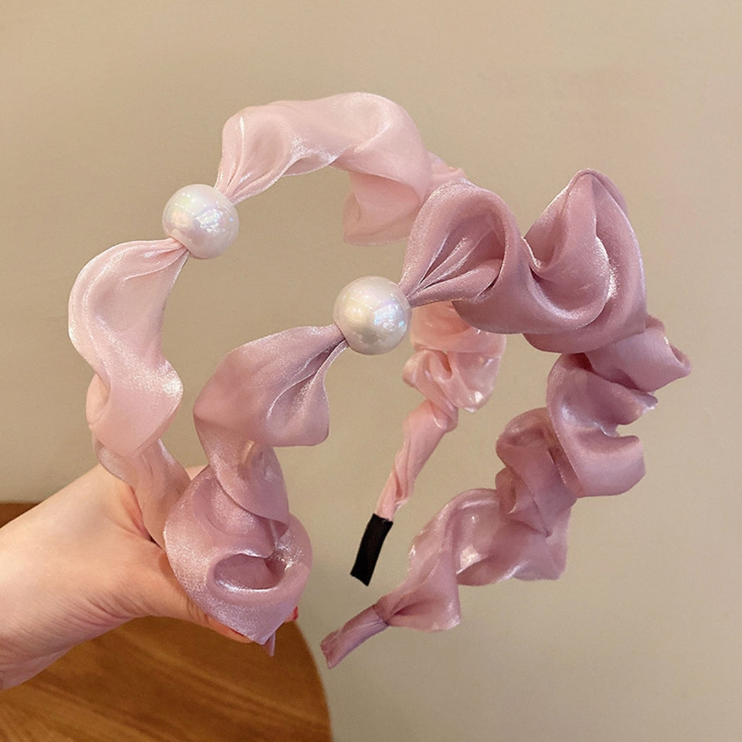 Simulation Pearls Decor Non-slip Hair Hoop Net Yarn Pleated Solid Color Lady Headband Hair Accessories Image 12