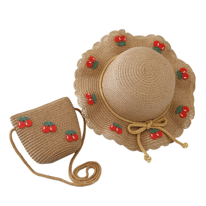 Cherry Decor Lace Trim Wide Brim Hat Bag Set Baby Girls Breathable Straw Hat Handbag Clothing Accessories Image 1
