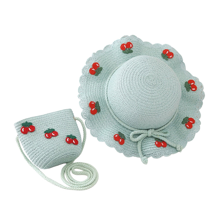 Cherry Decor Lace Trim Wide Brim Hat Bag Set Baby Girls Breathable Straw Hat Handbag Clothing Accessories Image 6