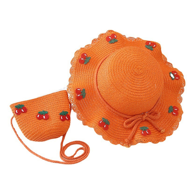 Cherry Decor Lace Trim Wide Brim Hat Bag Set Baby Girls Breathable Straw Hat Handbag Clothing Accessories Image 7