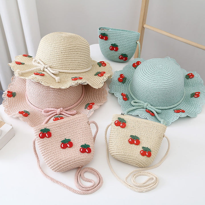 Cherry Decor Lace Trim Wide Brim Hat Bag Set Baby Girls Breathable Straw Hat Handbag Clothing Accessories Image 8