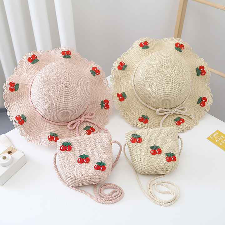 Cherry Decor Lace Trim Wide Brim Hat Bag Set Baby Girls Breathable Straw Hat Handbag Clothing Accessories Image 9