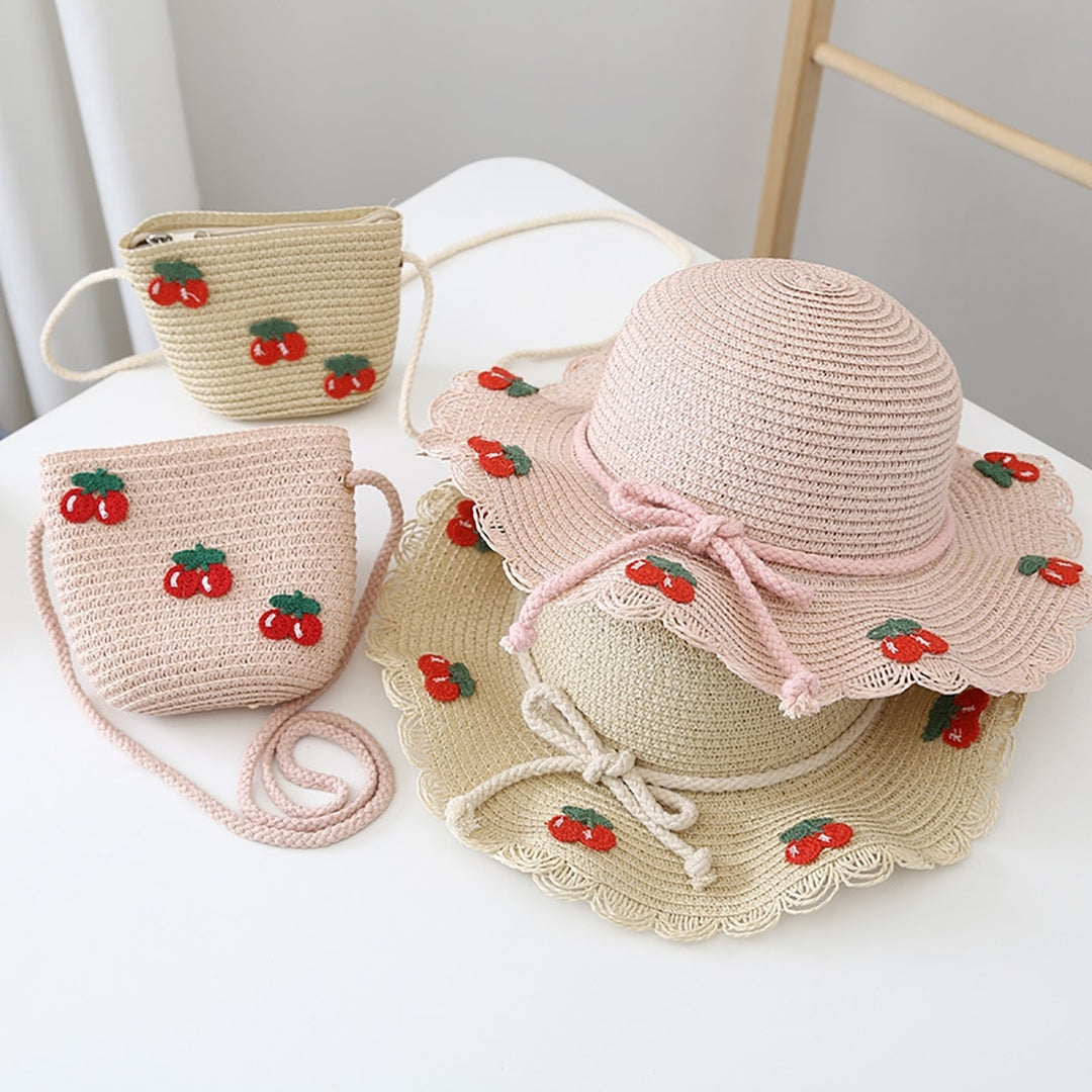 Cherry Decor Lace Trim Wide Brim Hat Bag Set Baby Girls Breathable Straw Hat Handbag Clothing Accessories Image 12