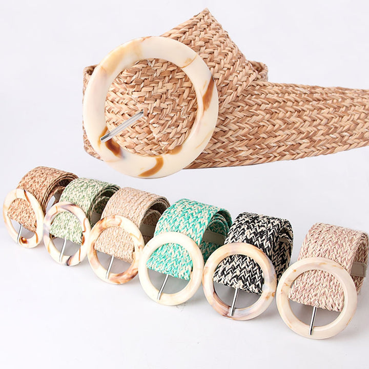Wide Adjustable Imitation Straw Weaving Waist Belt Handcrafted Braided Round Buckle Belt Clothes Ornament Image 8