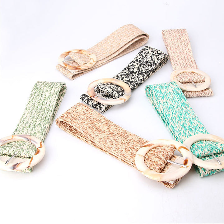 Wide Adjustable Imitation Straw Weaving Waist Belt Handcrafted Braided Round Buckle Belt Clothes Ornament Image 11