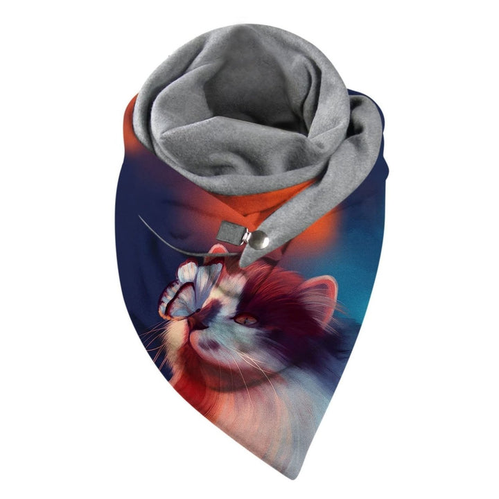 Women Scarf Cat Print Two Layers Coldproof Fleece Patchwork Neck Scarf for Outdoor Image 1
