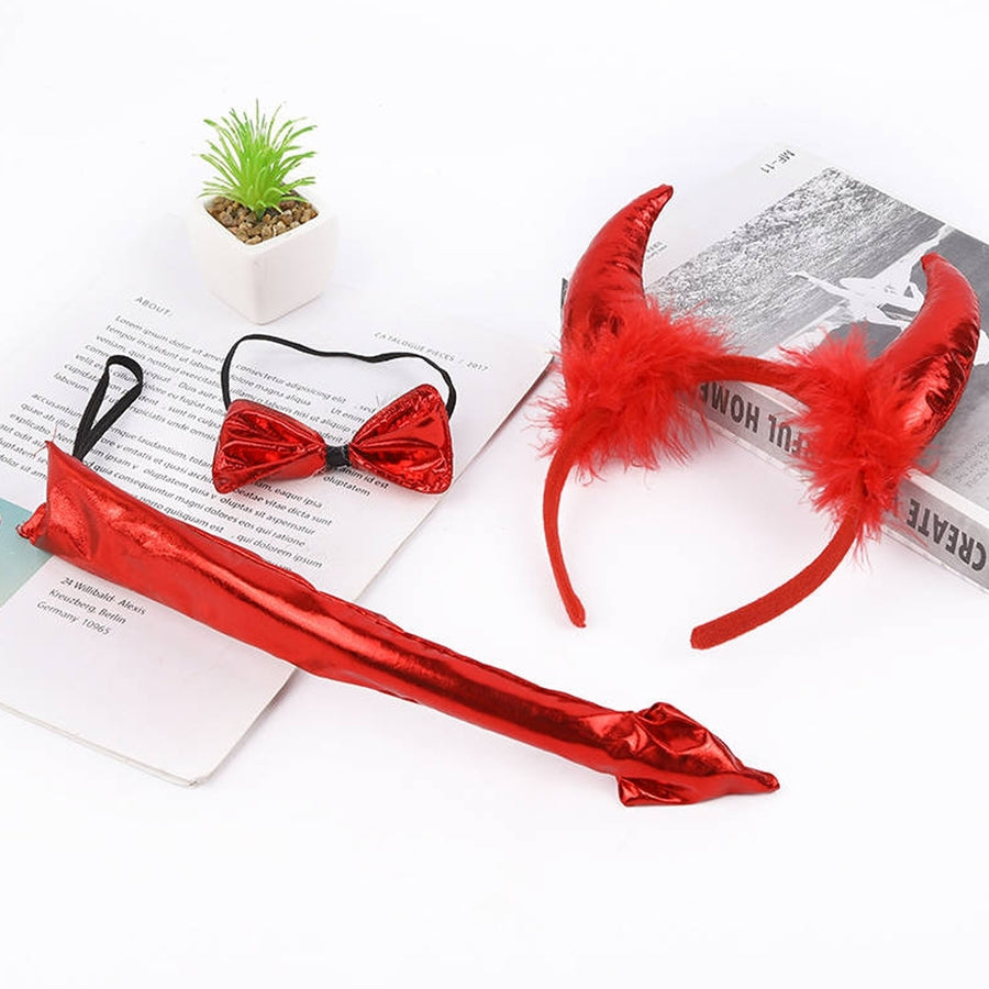 3Pcs/Set Halloween Headband Tie Tail Faux Horn Bow Halloween Props Adult Kids Headwear for Performance Image 1
