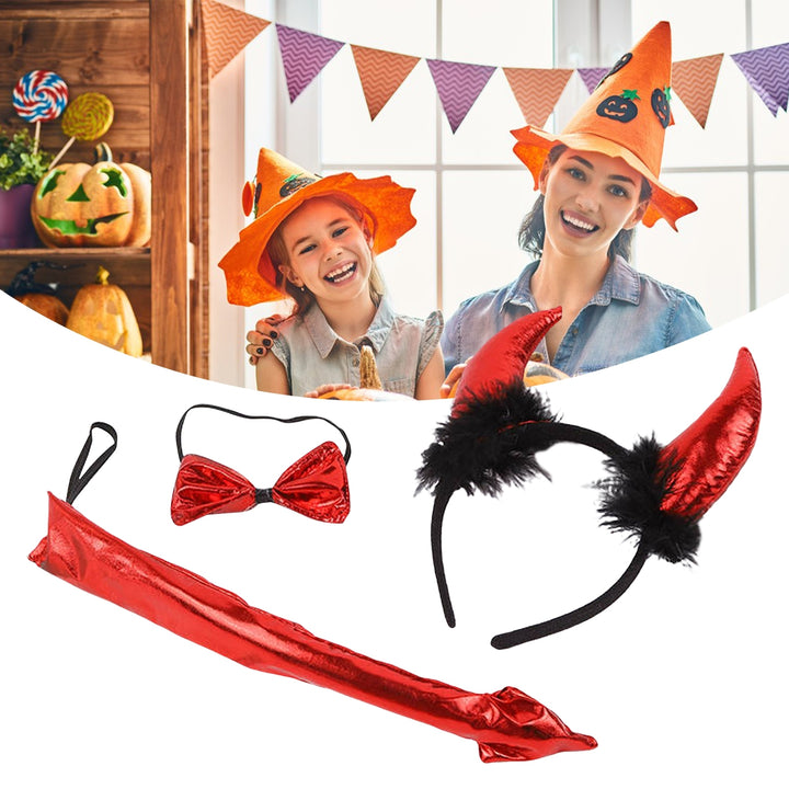 3Pcs/Set Halloween Headband Tie Tail Faux Horn Bow Halloween Props Adult Kids Headwear for Performance Image 3
