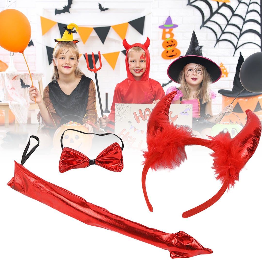 3Pcs/Set Halloween Headband Tie Tail Faux Horn Bow Halloween Props Adult Kids Headwear for Performance Image 4