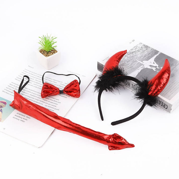 3Pcs/Set Halloween Headband Tie Tail Faux Horn Bow Halloween Props Adult Kids Headwear for Performance Image 7