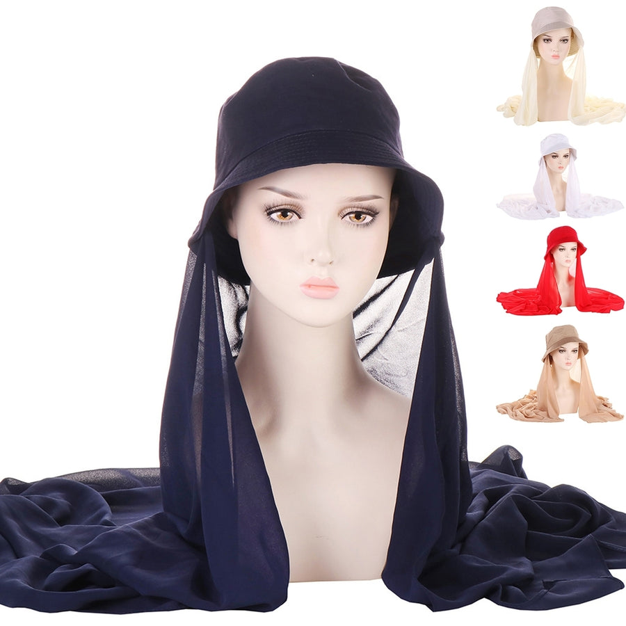 Bucket Hat Solid Color Sun Protection Brim Hat Millinery Accessories Foldable Summer Fisherman Caps with Chiffon Shawl Image 1