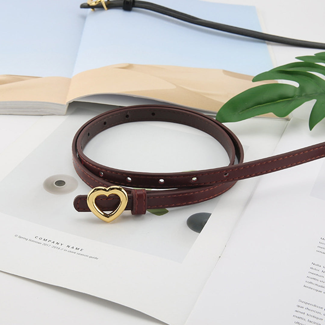 Women Belt Solid Color Adjustable Heart Buckle Faux Leather Single Circle Dress Belt Clothes Accessory Image 7