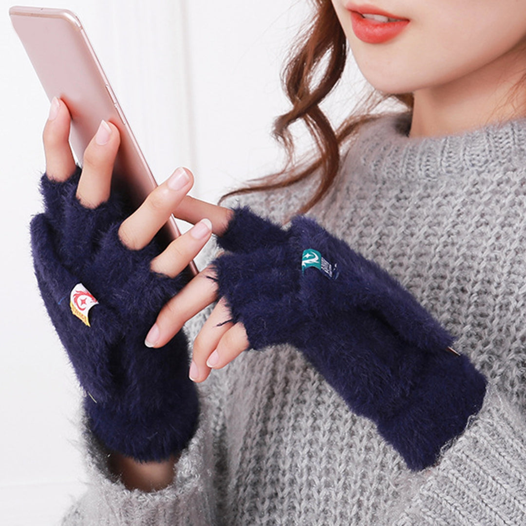 1 Pair Women Gloves Keep Warm Breathable Soft Comfortable Solid Color Half Fingers Fuzzy Plush Anti-pilling Women Image 8