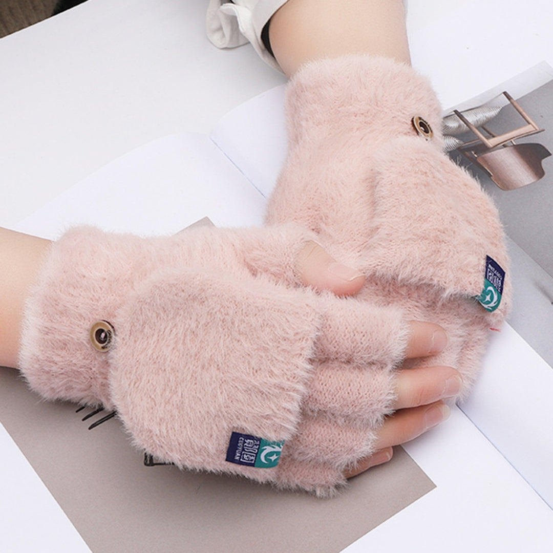 1 Pair Women Gloves Keep Warm Breathable Soft Comfortable Solid Color Half Fingers Fuzzy Plush Anti-pilling Women Image 10