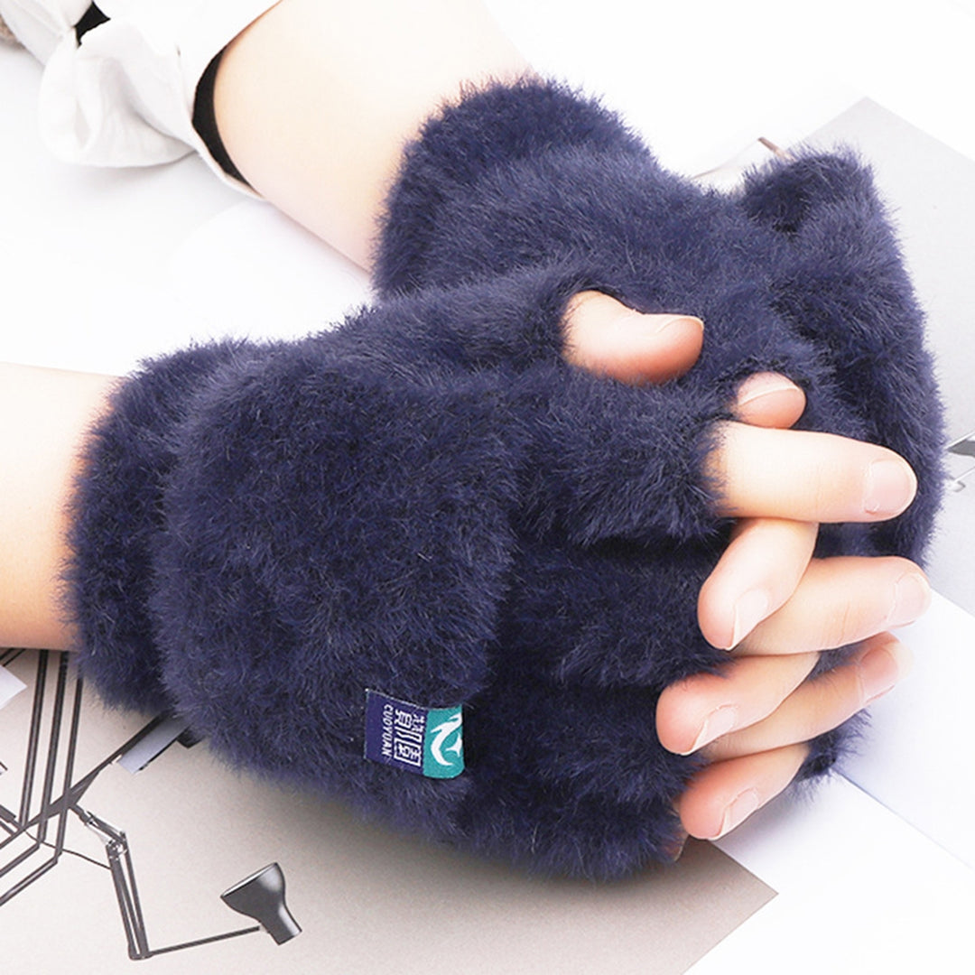 1 Pair Women Gloves Keep Warm Breathable Soft Comfortable Solid Color Half Fingers Fuzzy Plush Anti-pilling Women Image 11