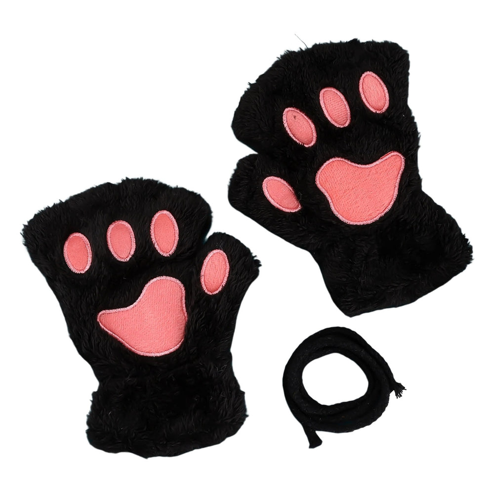 1 Pair Women Gloves Fluffy Half Finger Gifts Thickened Fingerless Keep Warm Comfortable Cartoon Bear Cat Paw Girls Plush Image 2