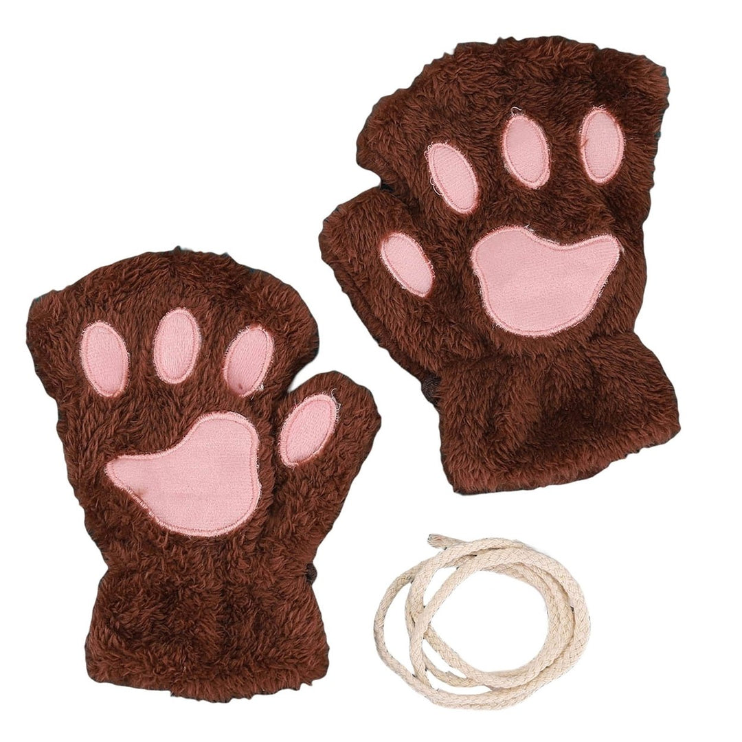 1 Pair Women Gloves Fluffy Half Finger Gifts Thickened Fingerless Keep Warm Comfortable Cartoon Bear Cat Paw Girls Plush Image 1
