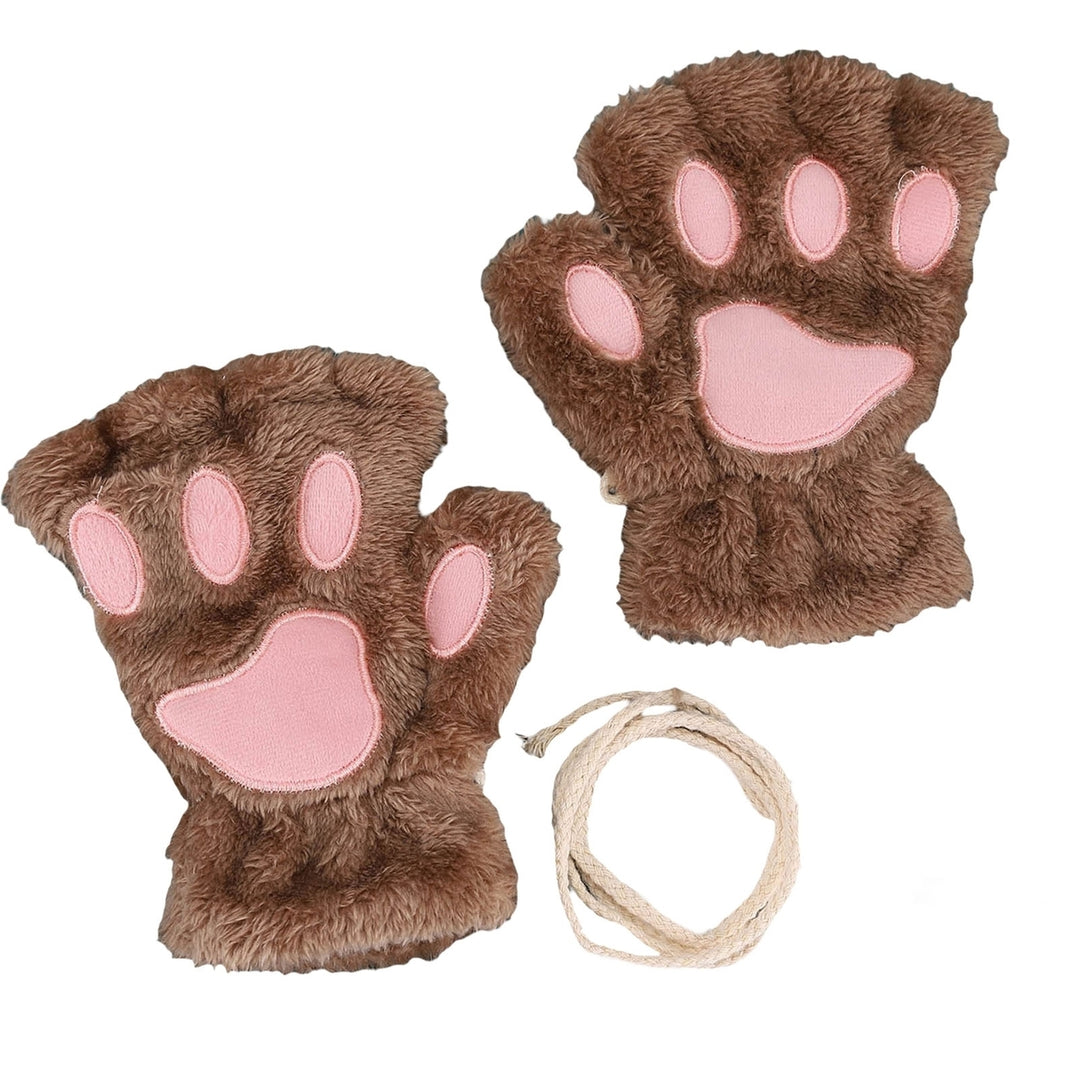 1 Pair Women Gloves Fluffy Half Finger Gifts Thickened Fingerless Keep Warm Comfortable Cartoon Bear Cat Paw Girls Plush Image 9