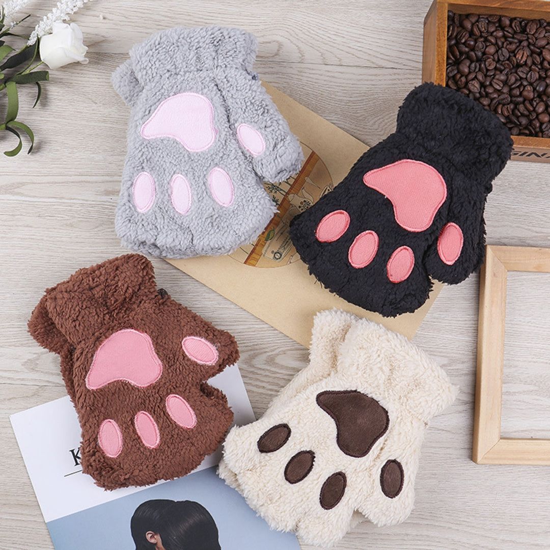1 Pair Women Gloves Fluffy Half Finger Gifts Thickened Fingerless Keep Warm Comfortable Cartoon Bear Cat Paw Girls Plush Image 11