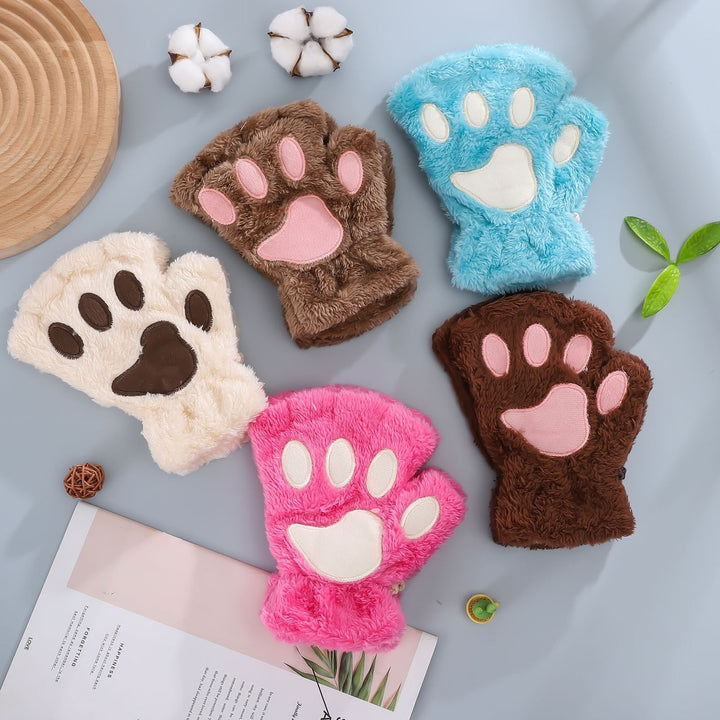 1 Pair Women Gloves Fluffy Half Finger Gifts Thickened Fingerless Keep Warm Comfortable Cartoon Bear Cat Paw Girls Plush Image 12