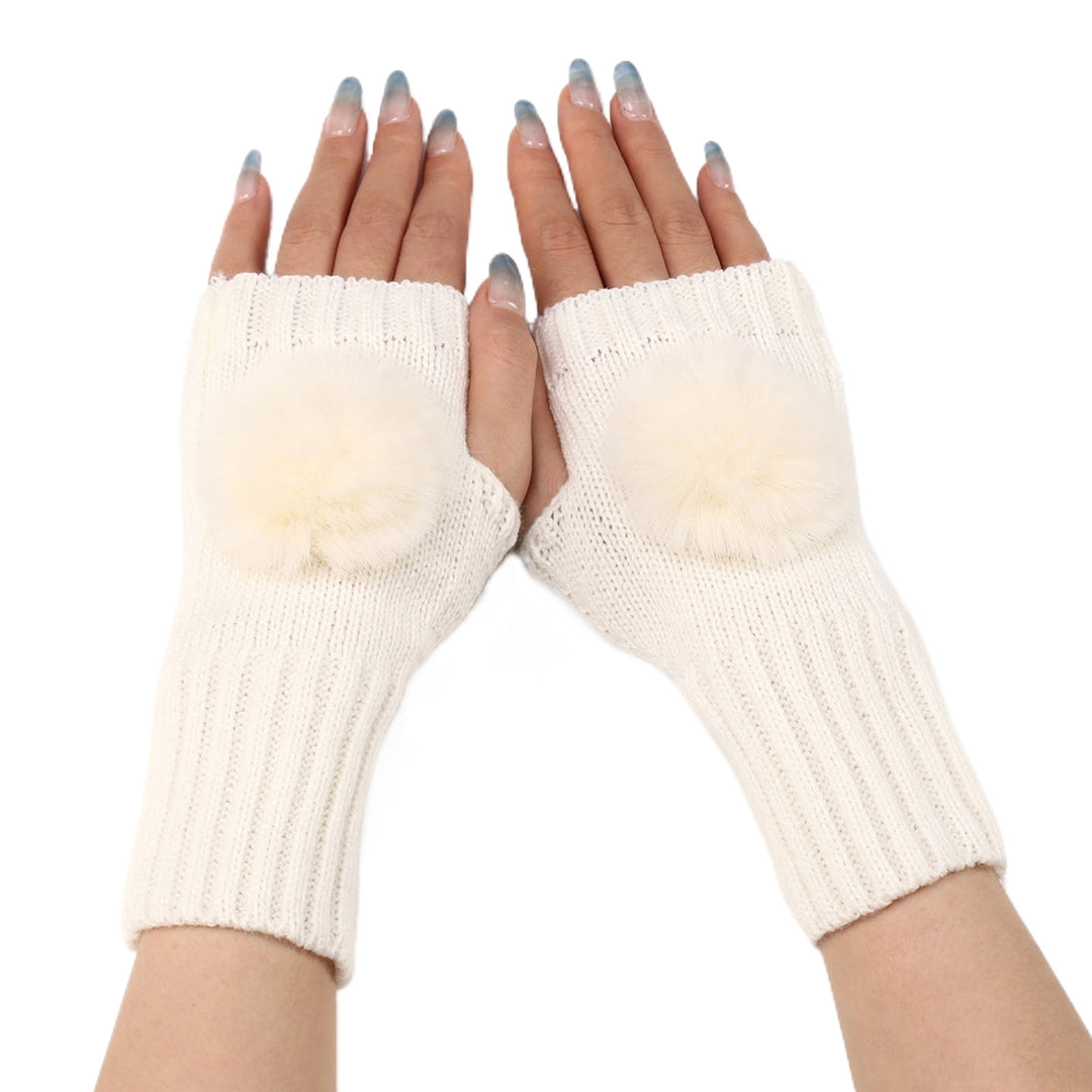 1  Pair Knitted Gloves Plush Ball Half-fingers Fingerless Design Women Winter Warm Casual Gloves for Daily Wear Image 3
