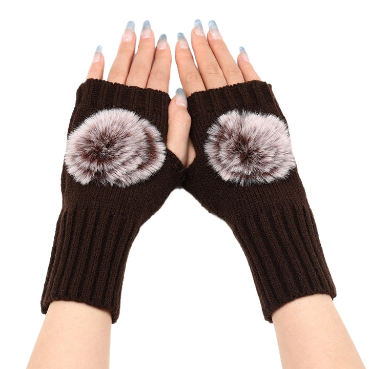 1  Pair Knitted Gloves Plush Ball Half-fingers Fingerless Design Women Winter Warm Casual Gloves for Daily Wear Image 4