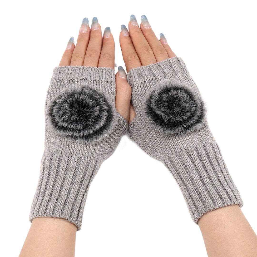 1  Pair Knitted Gloves Plush Ball Half-fingers Fingerless Design Women Winter Warm Casual Gloves for Daily Wear Image 7