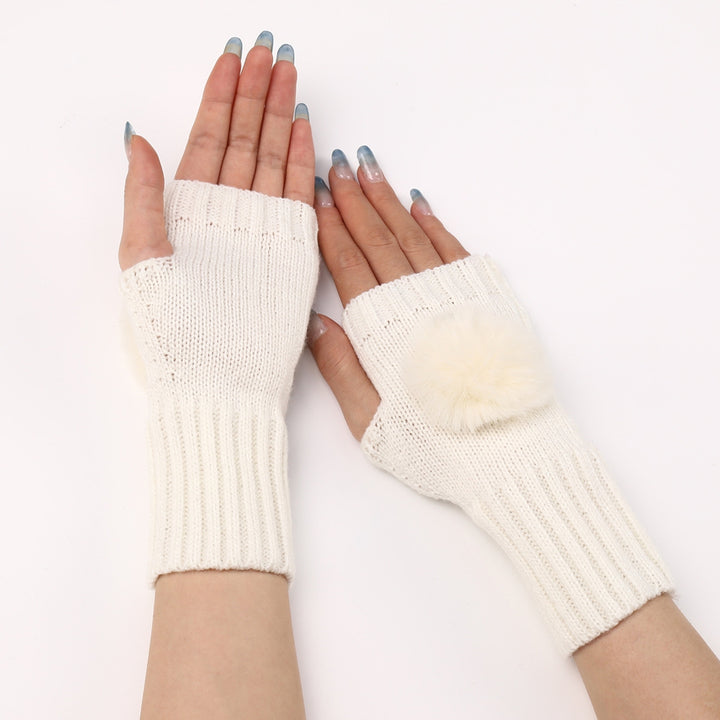 1  Pair Knitted Gloves Plush Ball Half-fingers Fingerless Design Women Winter Warm Casual Gloves for Daily Wear Image 11