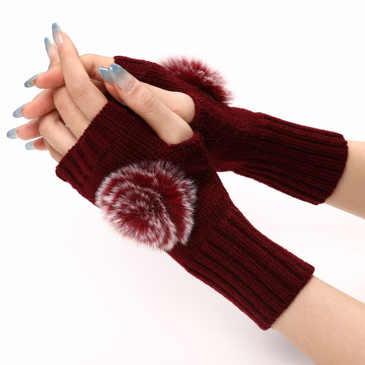 1  Pair Knitted Gloves Plush Ball Half-fingers Fingerless Design Women Winter Warm Casual Gloves for Daily Wear Image 12