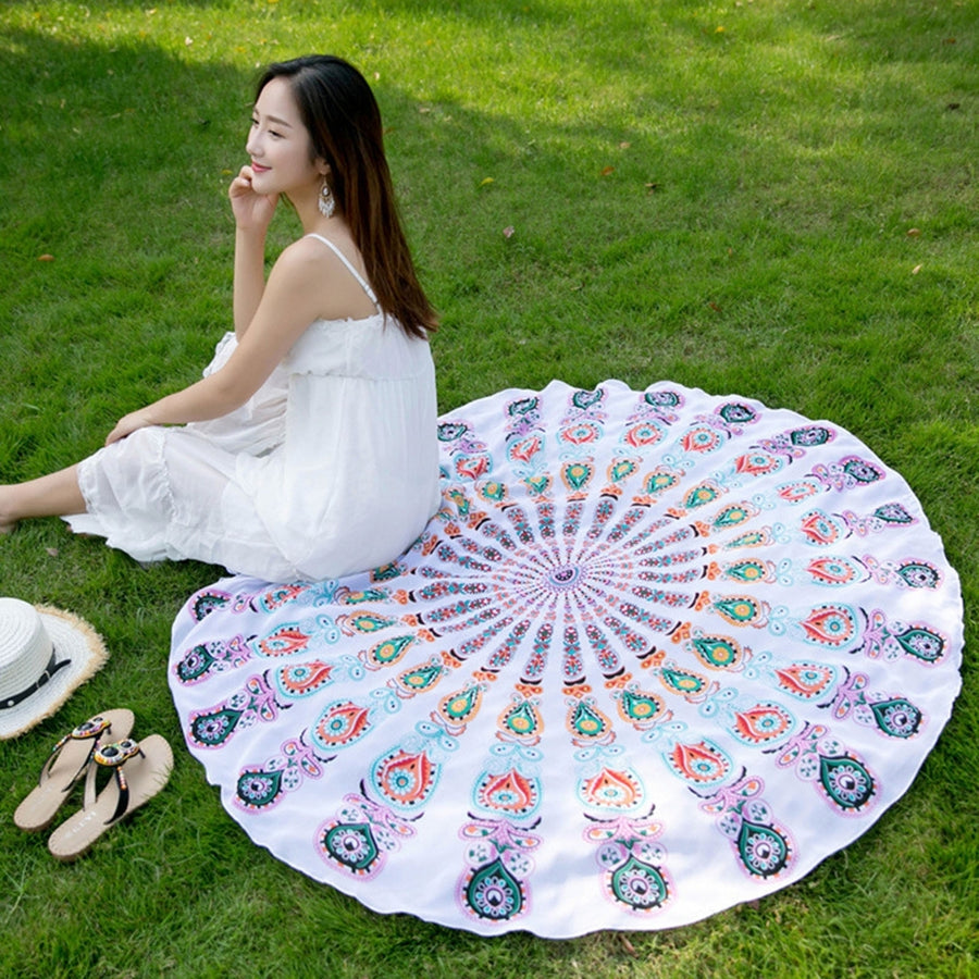 Beach Shawl Round Quick Drying Colorfast Soft Water Absorbent Tapestry Chiffon Retro Peacock Tail Beach Towel Blanket Image 1