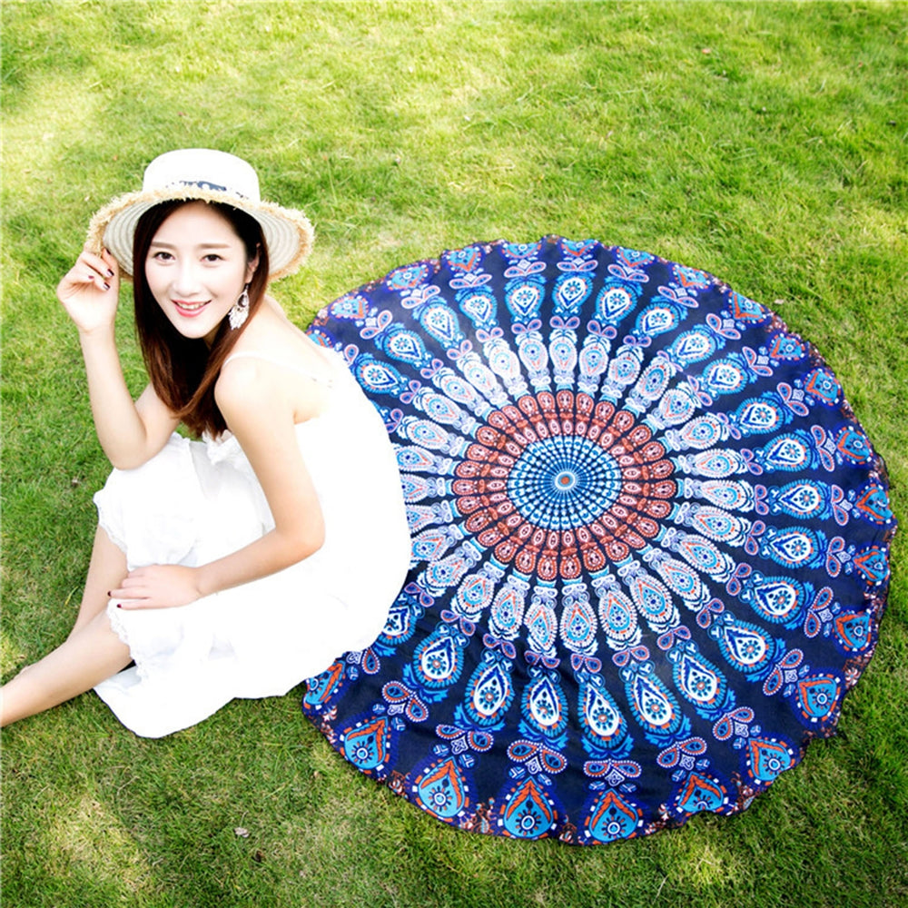 Beach Shawl Round Quick Drying Colorfast Soft Water Absorbent Tapestry Chiffon Retro Peacock Tail Beach Towel Blanket Image 2