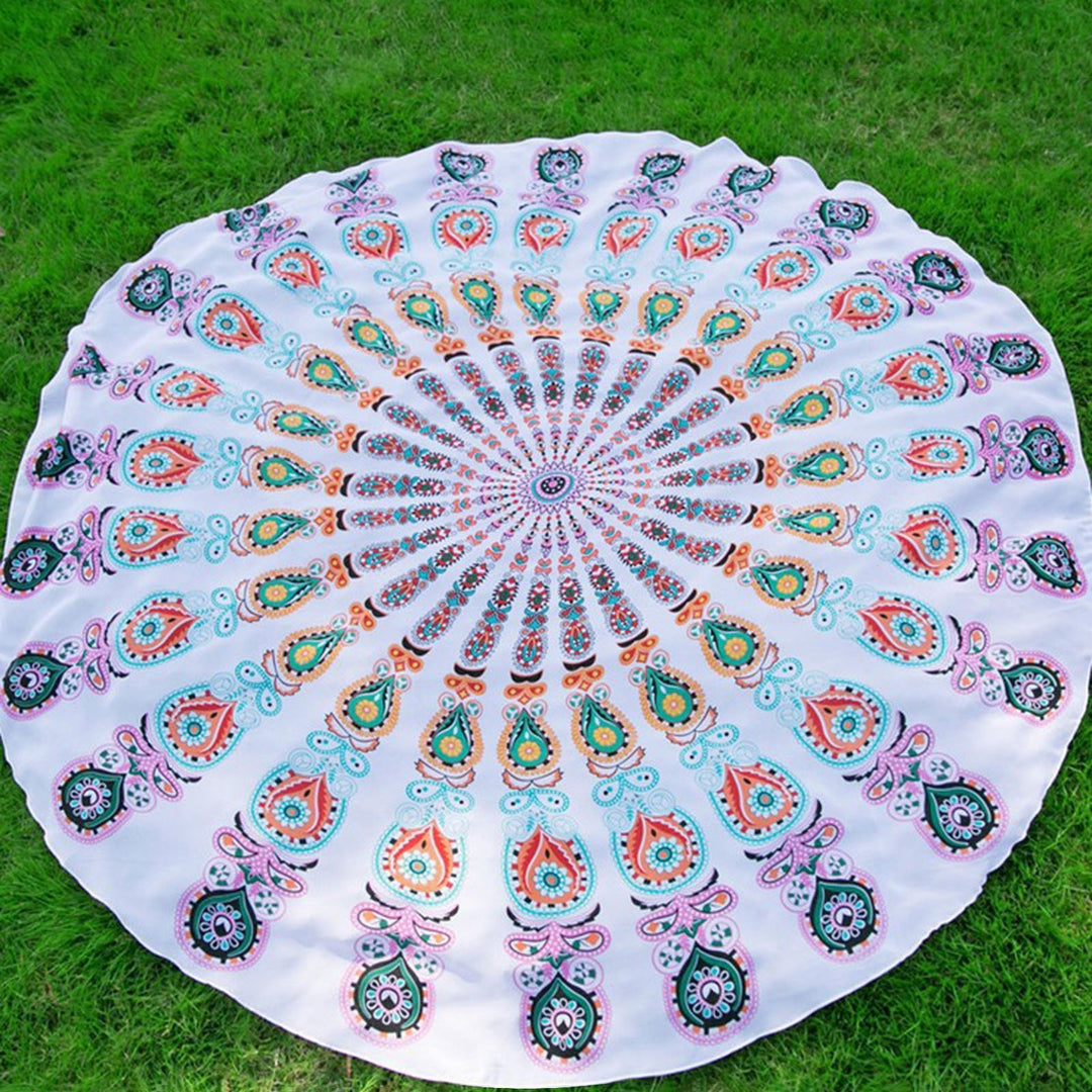 Beach Shawl Round Quick Drying Colorfast Soft Water Absorbent Tapestry Chiffon Retro Peacock Tail Beach Towel Blanket Image 4