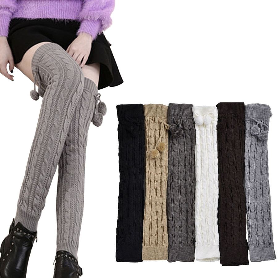 1 Pair Leg Warmers Knitted Lace-up Pompoms Over Knee Stretchy Soft Keep Warm Solid Color Autumn Winter Women Boot Image 1