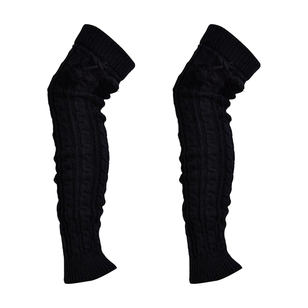 1 Pair Leg Warmers Knitted Lace-up Pompoms Over Knee Stretchy Soft Keep Warm Solid Color Autumn Winter Women Boot Image 2