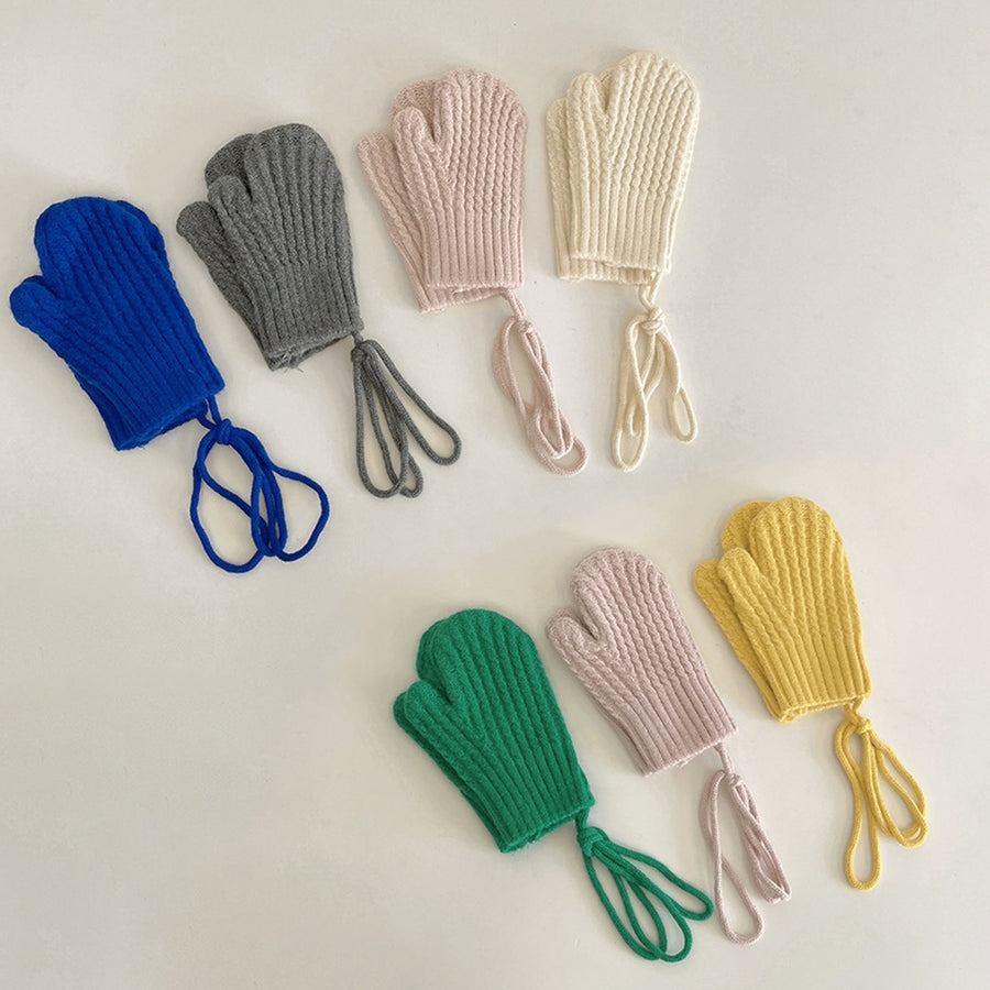 1 Pair Kids Mittens Halter Neck Hanging Rope Knitted Soft Thickened Keep Warm Solid Color Autumn Winter Baby Girls Boys Image 1