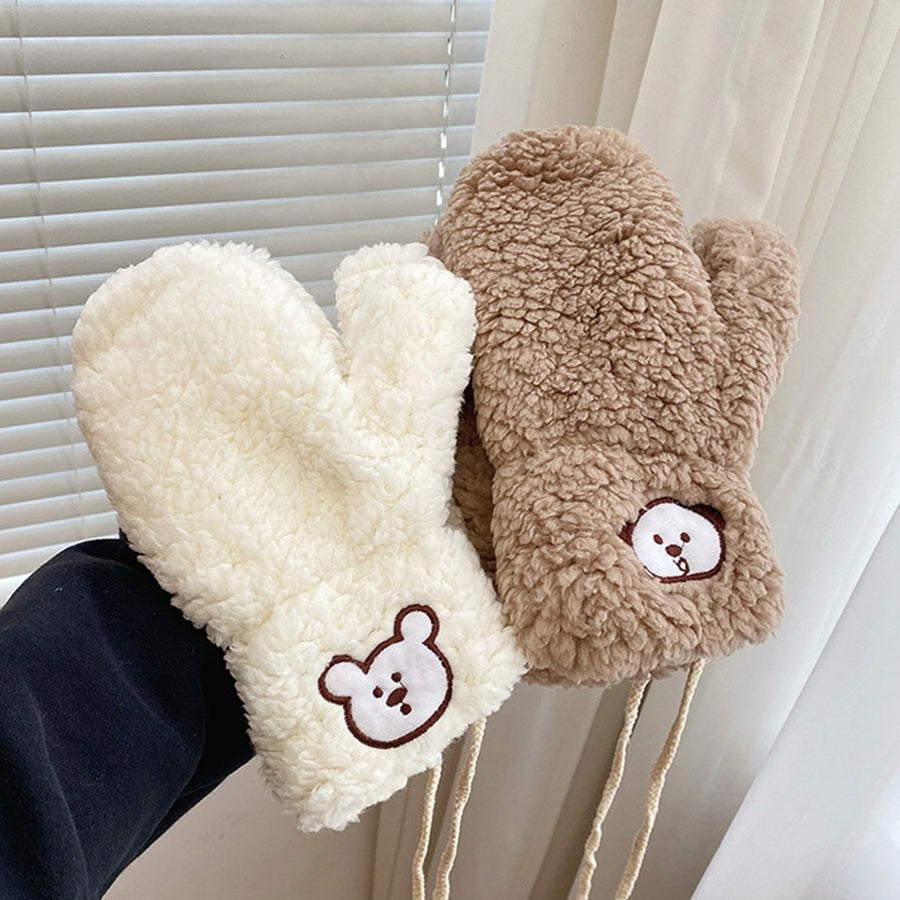 1 Pair Girls Mittens Fuzzy Cute Animal Embroidery Hanging Rope Thickened Soft Keep Warm Sherpa Windproof Winter Adults Image 1