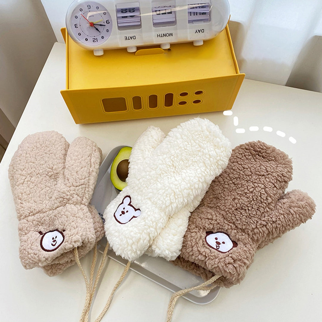 1 Pair Girls Mittens Fuzzy Cute Animal Embroidery Hanging Rope Thickened Soft Keep Warm Sherpa Windproof Winter Adults Image 3
