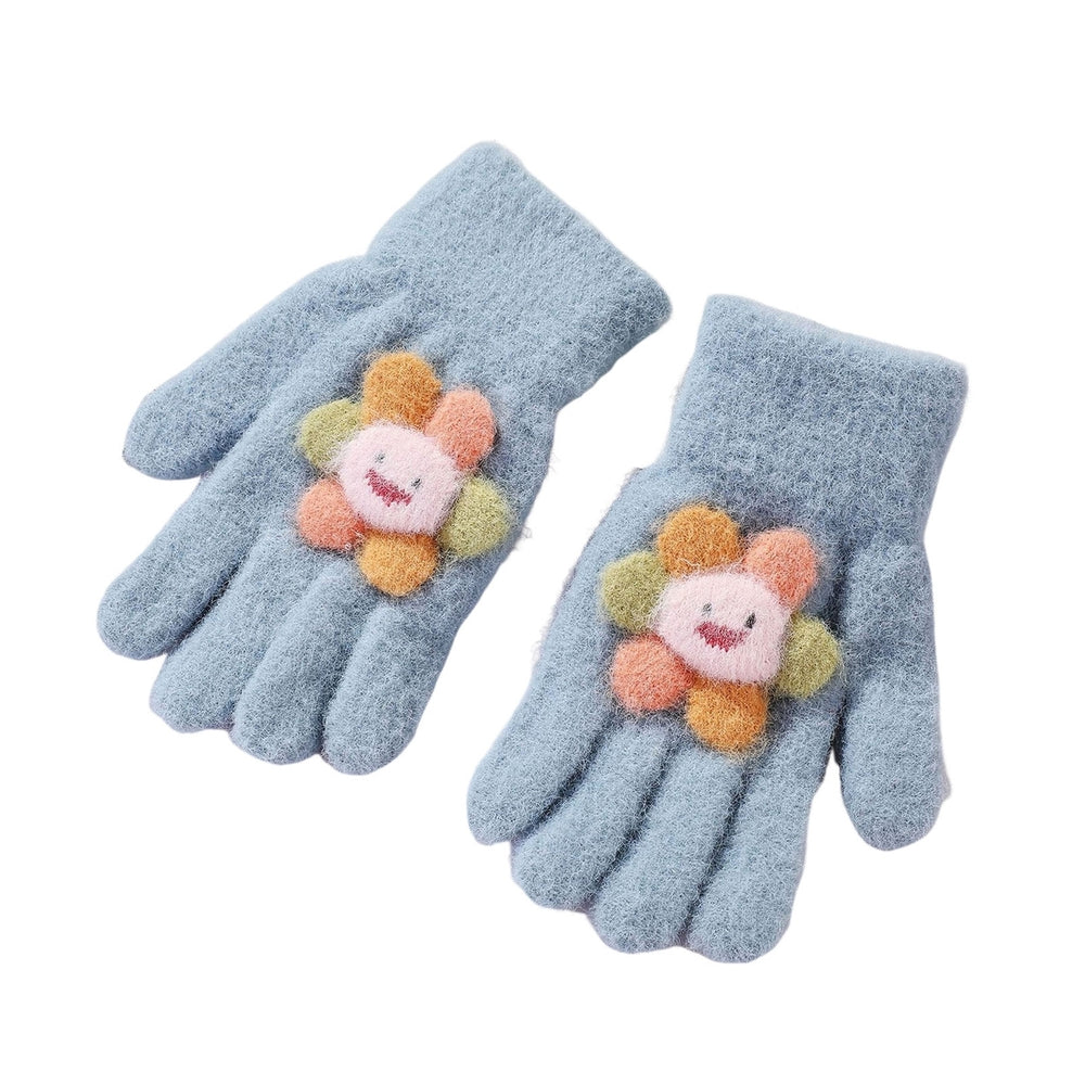 1 Pair Kids Gloves Full Finger Colorful Sunflower Decor Thickened Stretchy Keep Warm Soft Winter Thermal Girls Pupil Image 2