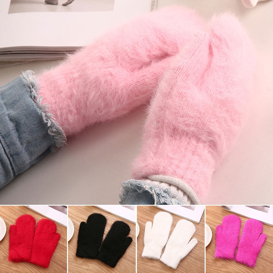 1 Pair Adults Mittens Thickened Stretchy Soft Fuzzy Cozy Cold Resistant Solid Color Windproof Winter Women Gloves for Image 1