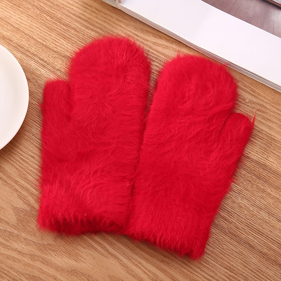 1 Pair Adults Mittens Thickened Stretchy Soft Fuzzy Cozy Cold Resistant Solid Color Windproof Winter Women Gloves for Image 12