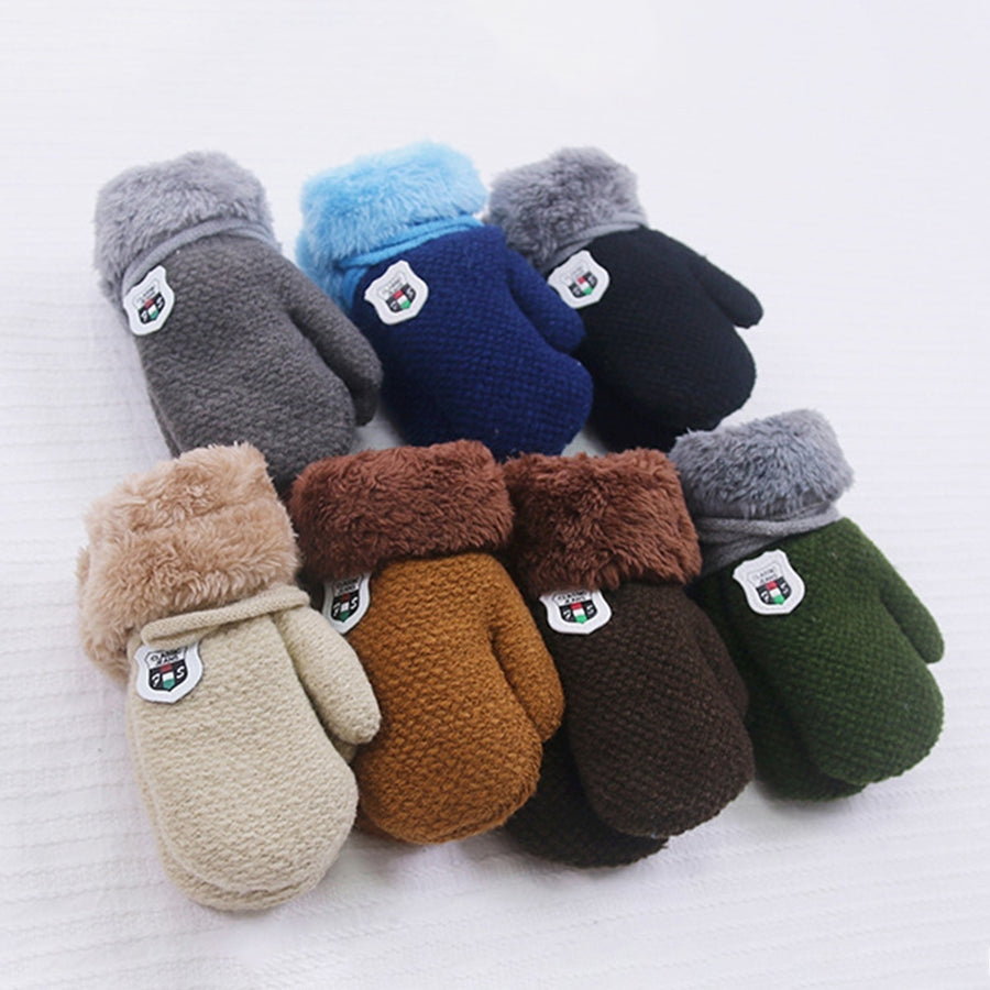 1 Pair Hanging Rope Thickened Fleece Lining Windproof Winter Gloves Cartoon Logo Solid Color Baby Knitting Mittens Image 1