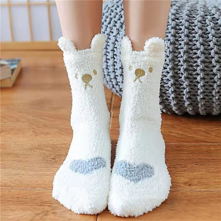 1 Pair Women Thermal Floor Socks Cute Pattern Elastic Thicken Coral Fleece Mid Socks Girls Indoor Floor Stockings for Image 1