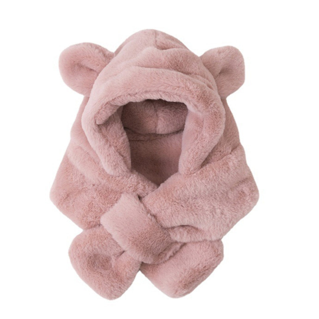 Kids Winter Hat Scarf Plush Cross Thicken Solid Color One-Piece Thermal Ear Decor Cold-proof Baby Bonnet Scarf Infant Image 3