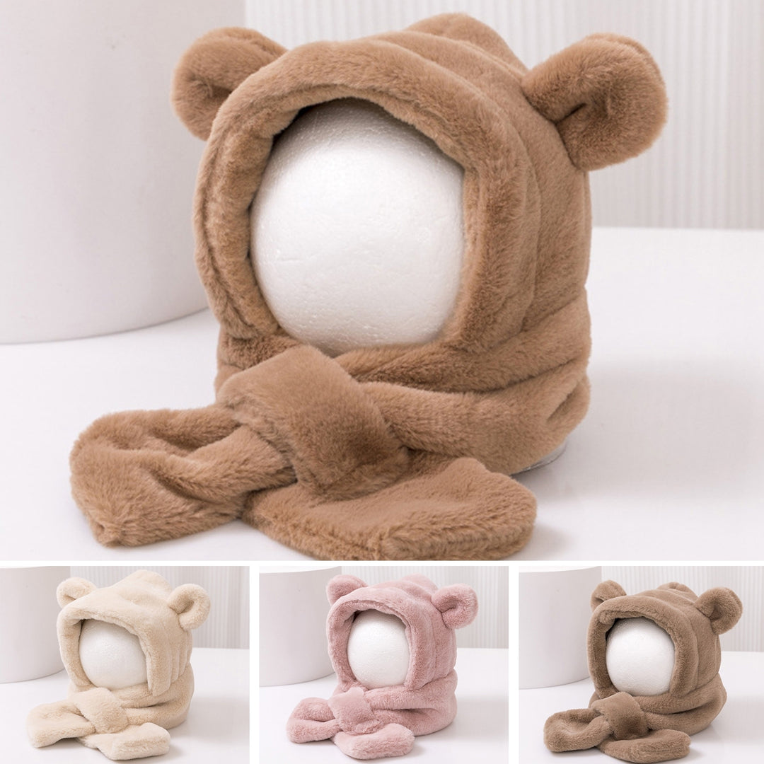 Kids Winter Hat Scarf Plush Cross Thicken Solid Color One-Piece Thermal Ear Decor Cold-proof Baby Bonnet Scarf Infant Image 6