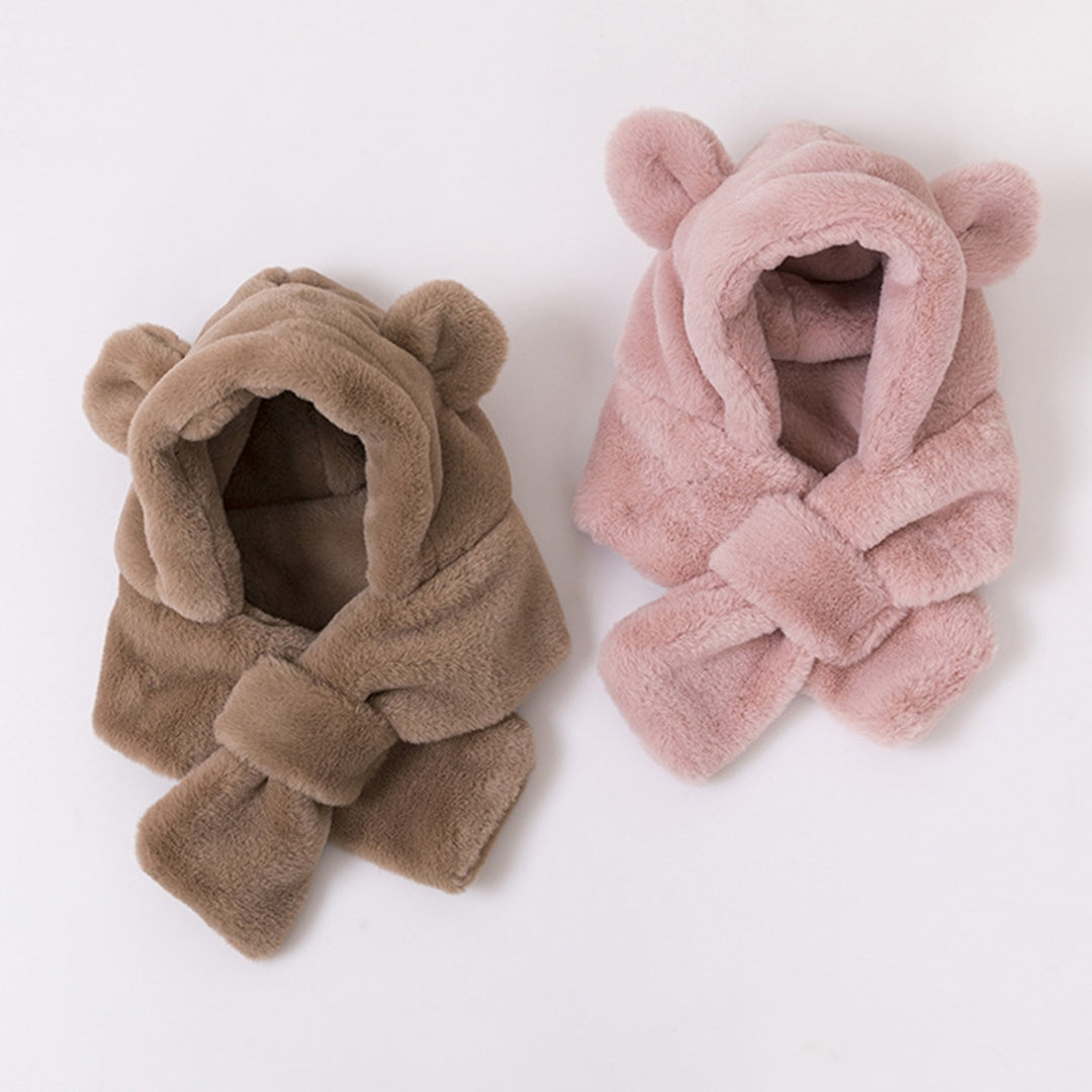 Kids Winter Hat Scarf Plush Cross Thicken Solid Color One-Piece Thermal Ear Decor Cold-proof Baby Bonnet Scarf Infant Image 8