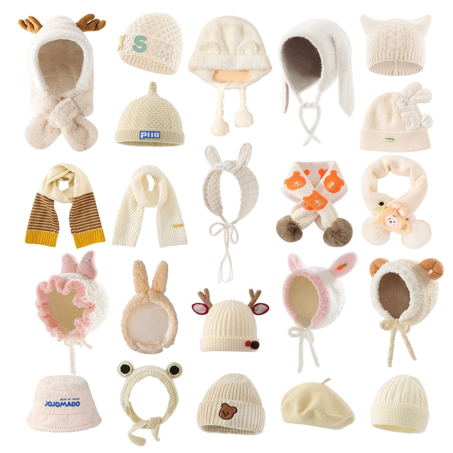Plush Balls Ears Decor Fleece Lining Solid Color Ear Protection Baby Beanie Winter Infant Cartoon Shape Bucket Hat Scarf Image 1