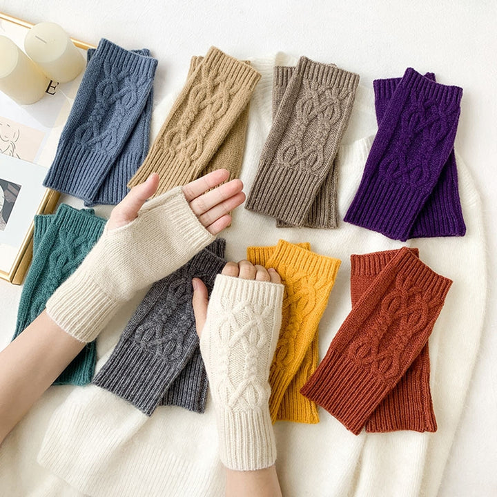 1 Pair Women Mittens Knitted Half Finger Solid Color High Elasticity Striped Texture Warm Soft Touch Screen Winter Image 12
