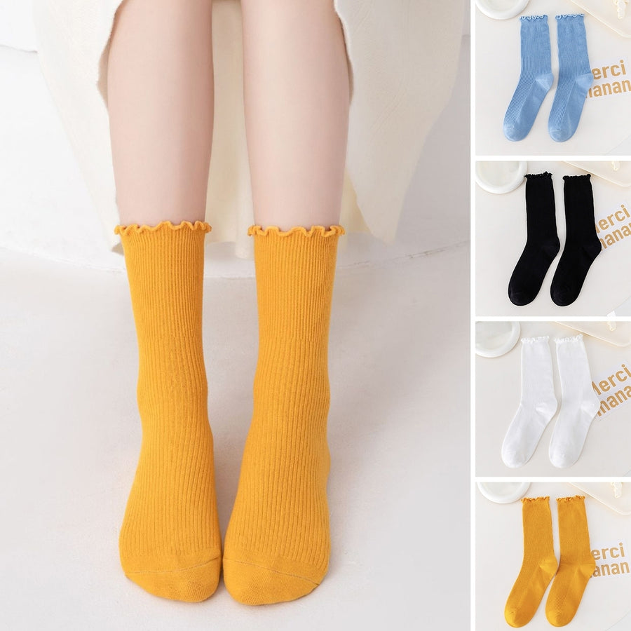 1 Pair Japanese Style Ribbed Solid Color Thermal Socks Spring Autumn Women Ruffle Cuffs Mid-Tube Socks Image 1