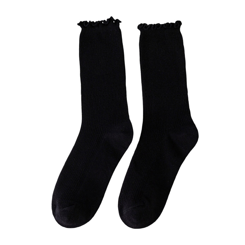1 Pair Japanese Style Ribbed Solid Color Thermal Socks Spring Autumn Women Ruffle Cuffs Mid-Tube Socks Image 2