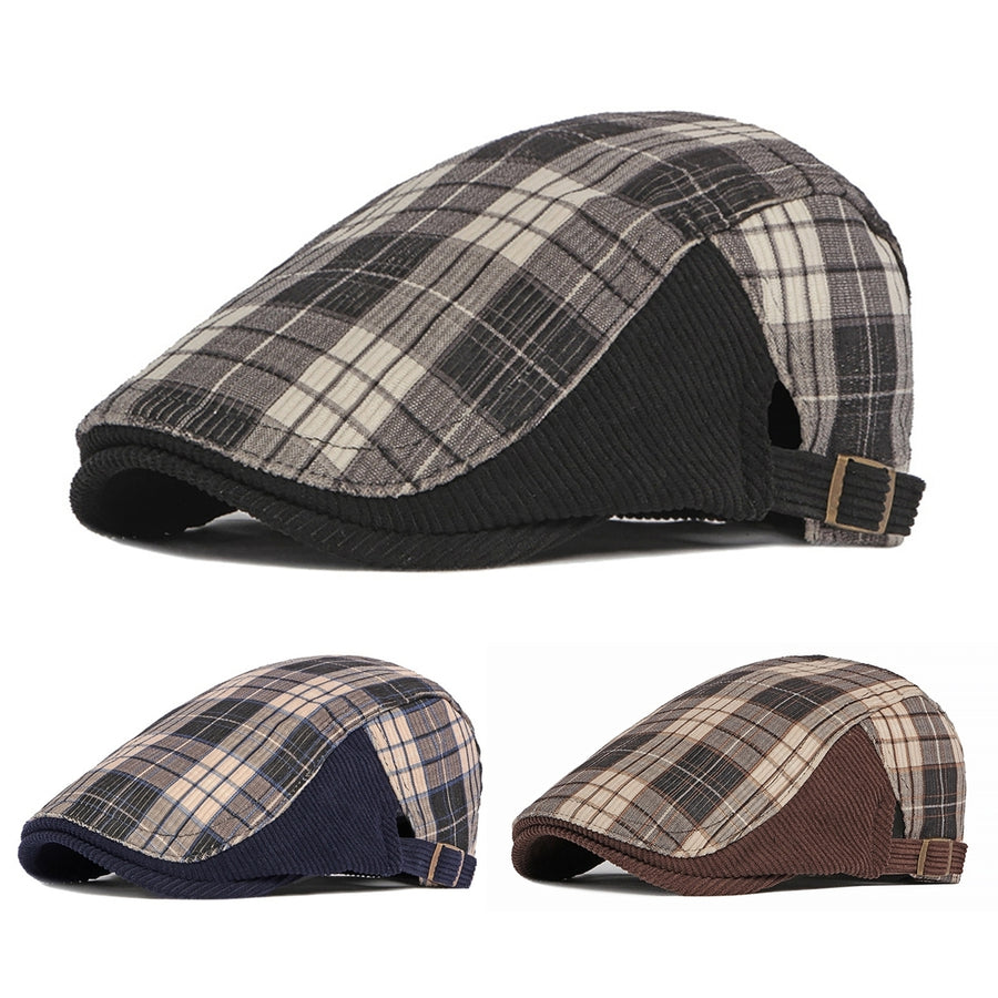 Plaid Print Patchwork Color Adjustable Buckle Beret Hat Flat Peaked Male Forward Cap Image 1